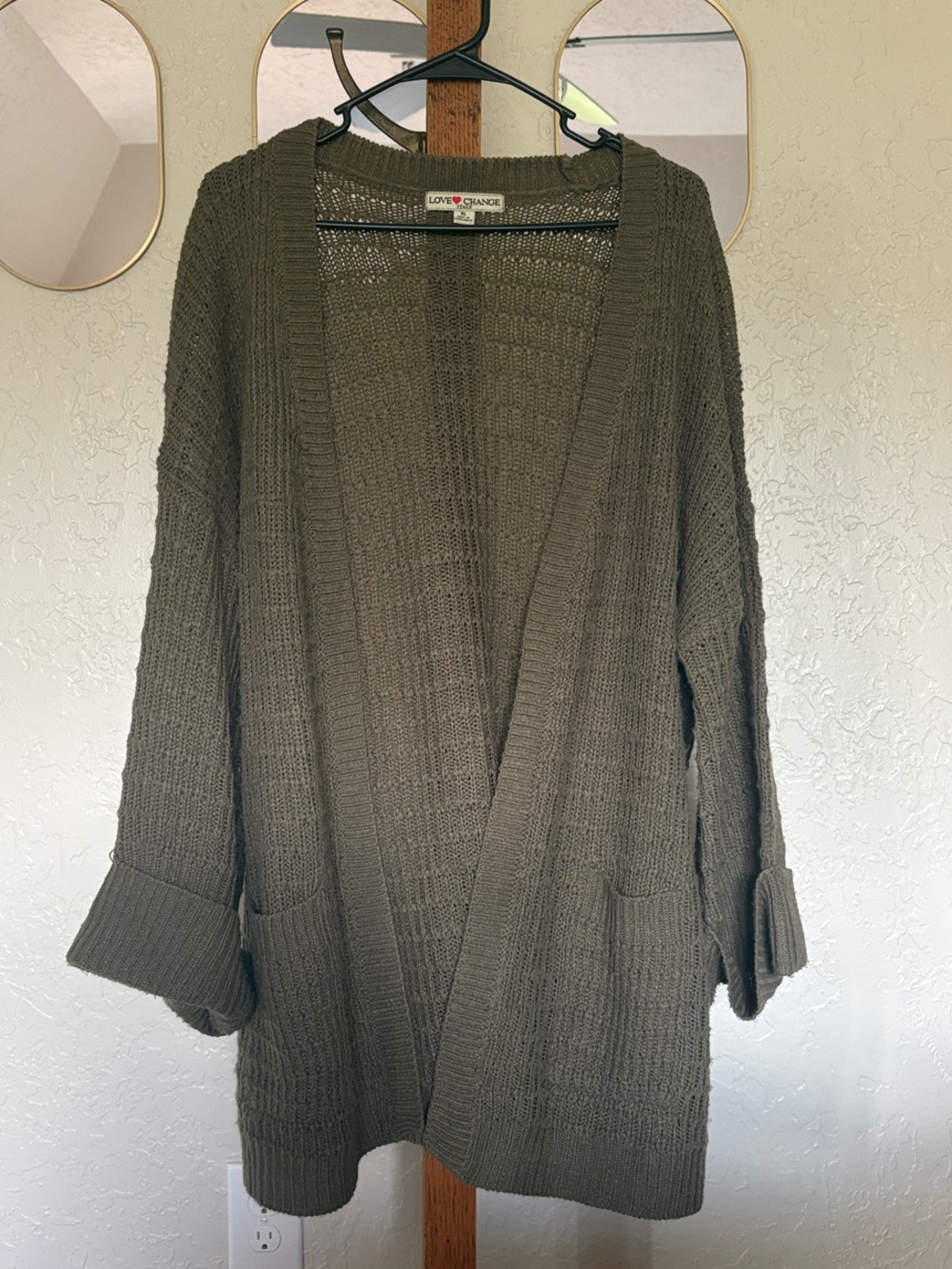 Olive Green Open-Front Knit Cardigan